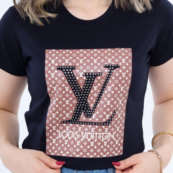 Blusa T-shirt Feminina 100% Algodão Louis Vuitton Stras Bege Preto Camisa