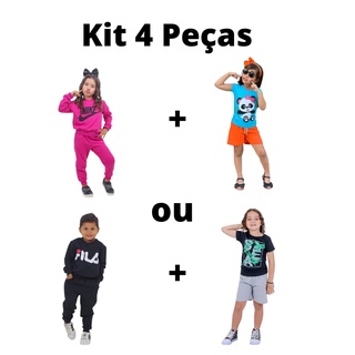 Kit 4 Peças Conjunto Infantil de Frio Casaco e Calça Moletom Inverno e conjunto verão Roupa de Criança Menino e Menina