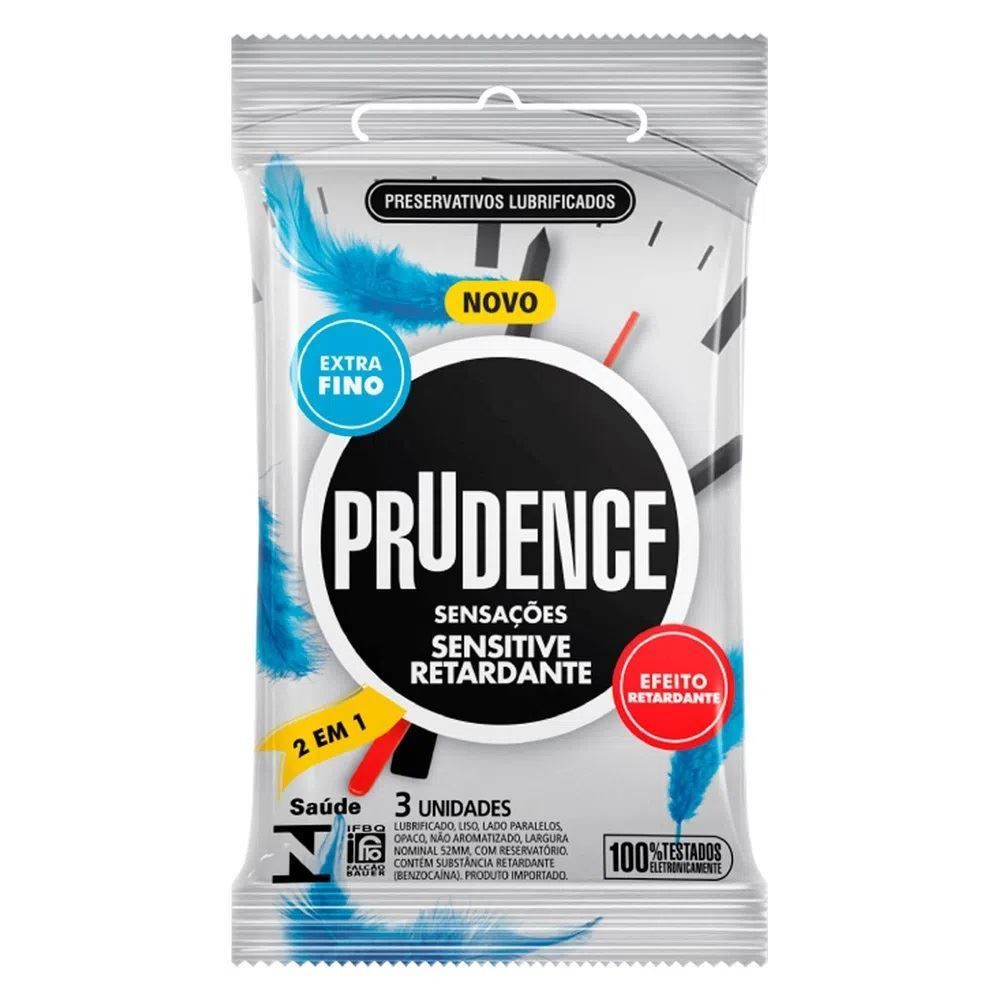 Camisinha Prudence 2 em 1 extra fina e retarda ejaculação 3 unidades Embalagem Discreta
