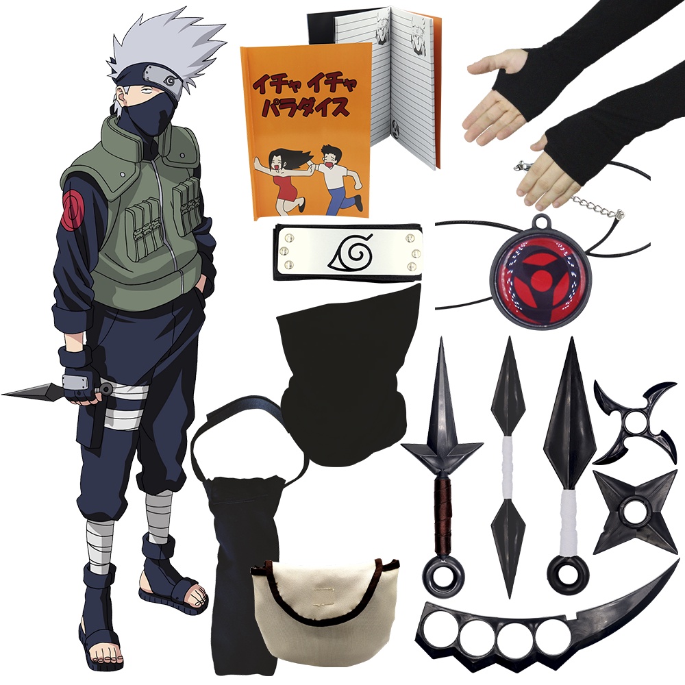 Kit Naruto Kakashi Cosplay Anime Ninja Colecionavel Kunai Shurikens Colar Sharingan