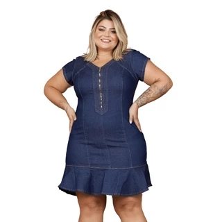 Vestido Plus Size Feminino Peplum Jeans Moda Casual Gordinha