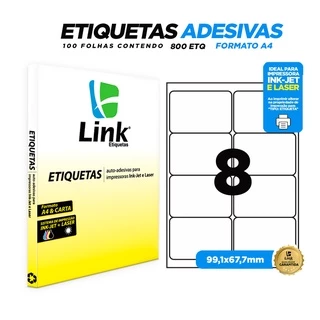 Etiqueta Adesiva A4 99,1mm x 67,7mm 100 Folhas - Link Etiquetas