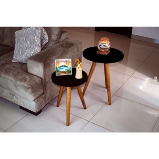 Jogo De Mesinhas Lateral Redonda Sala Tampo Mdf Premium Pe Palito Retro Madeira Maciça