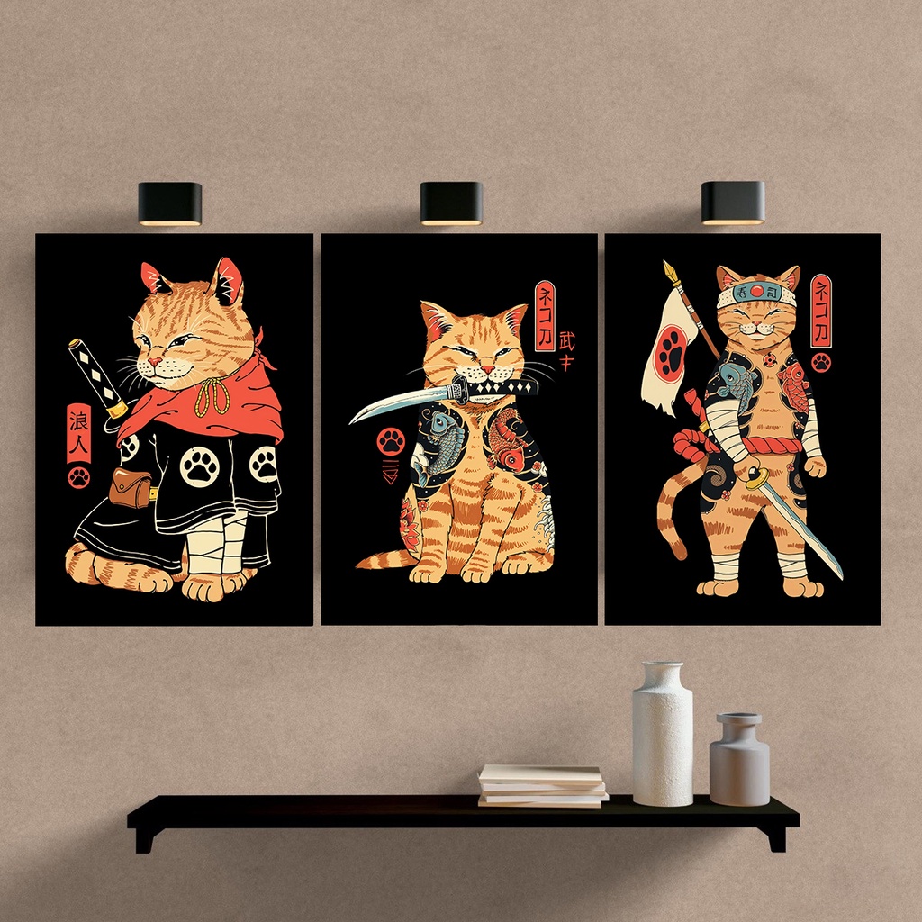 Gato, Oriental, Tattoo, Japan, Kit 3 Quadros Decorativos 30x20cm Mdf