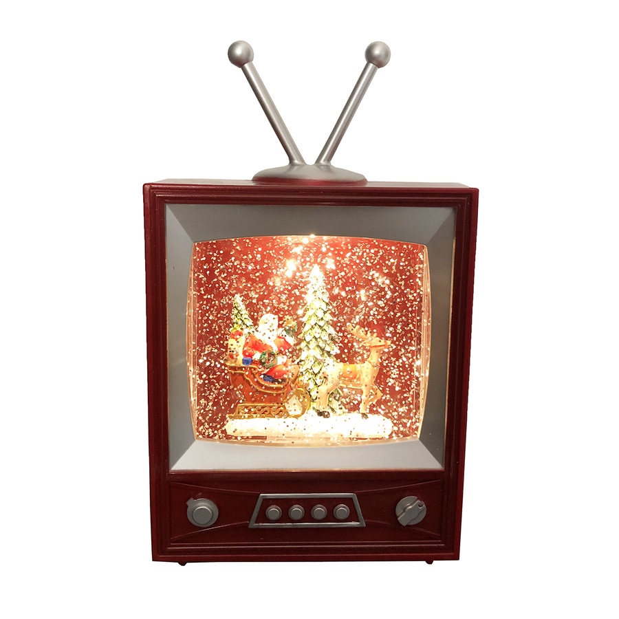 Enfeite Natal Luxo TV Iluminada Luz Papai Noel Rena Caixa Neve 21cm Eletrônica Decoração
