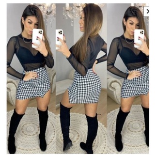 Conjunto xadrez teen feminino top com saia/short pregueado Preto - 1 mais 1