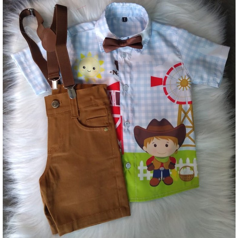 Conjunto temático fazendinha completo infantil camisa short suspensório e gravata
