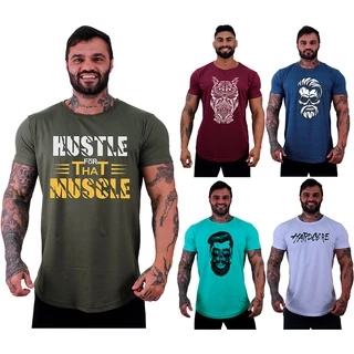 Kit 5 Camisetas Longline Masculina MXD Conceito Fio 30.1 Penteado Estampado Manga Curta Slim Caveira Boné No Pain No Gain Hardcore Training Do Not Disturb