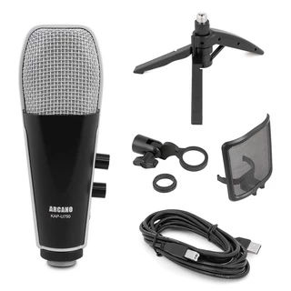 Microfone condensador USB Arcano KAP-U750 com tripé filtro cabo