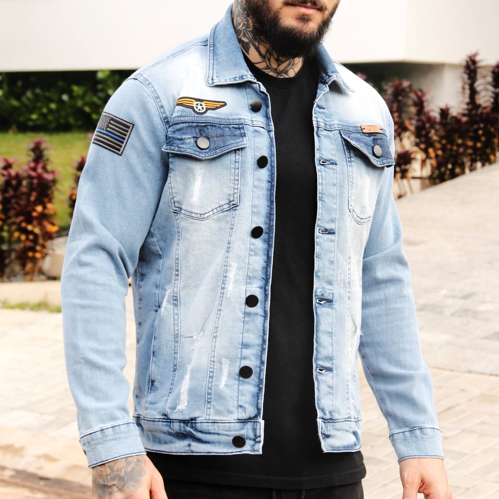 Jaqueta Jeans Masculina Destroyed Slim Fit Com Patches