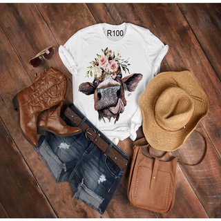 T Shirt Camiseta Feminina Country Vaca Marrom Floral R100