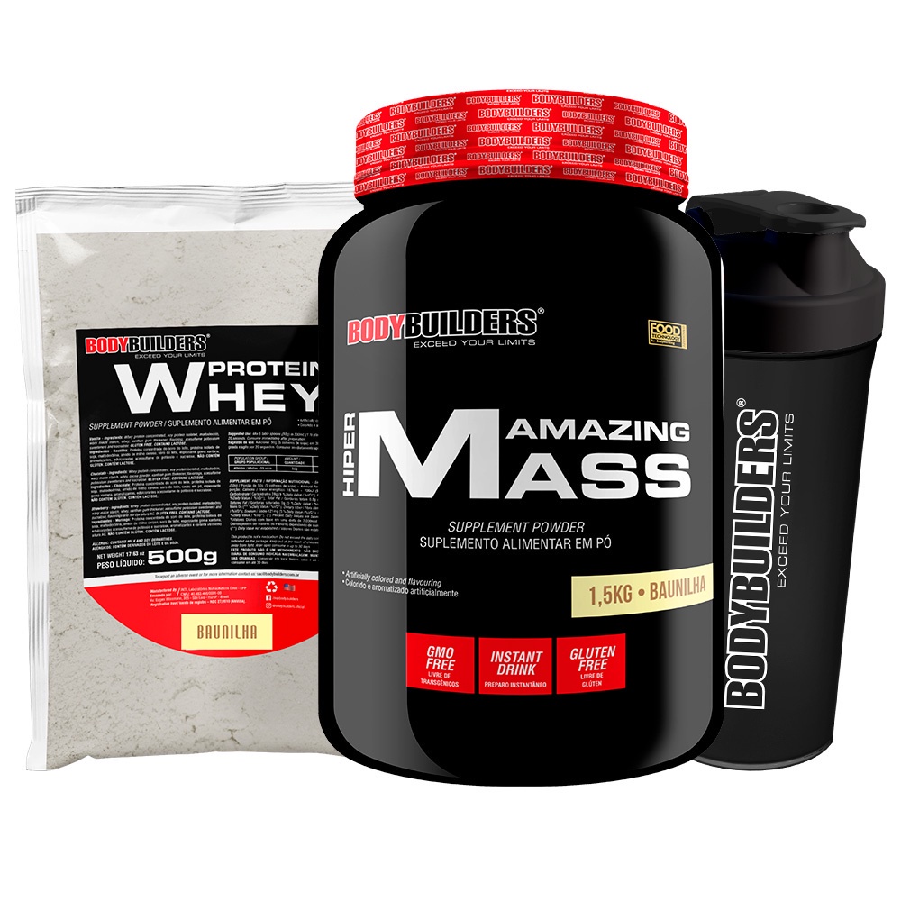Kit HIpercarlorico Mass 1,5kg, Whey Protein 500g, Coqueteleira – Bodybuilders