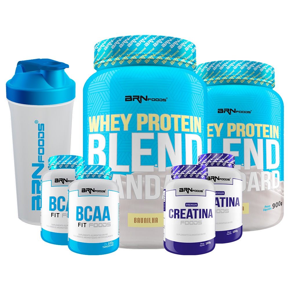 Kit 2x Whey Protein Blend Standard 900g + 2x Premium Creatina 100g + 2x BCAA FIT 100g + Coqueteleira 600ml – BRN FOODS Suplementos para Definição e Performance