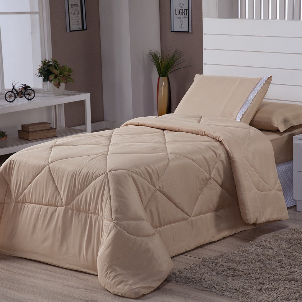 Kit 4 Pçs Edredon Solteiro Df + Jogo De Lençol 2 Pçs Bege