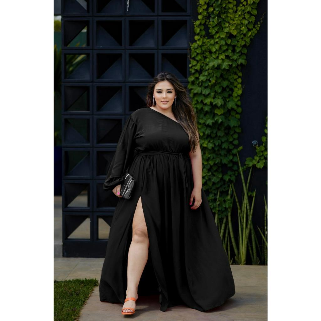 VESTI SP Vestido Plus Size longo Madrinha de Casamento Convidada Reveillon  com mangas e fenda PREMIUM