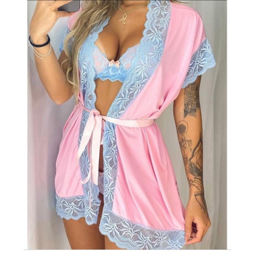 Robe Em Liganete Robby Pijama Lingerie Feminino Detalhe Renda