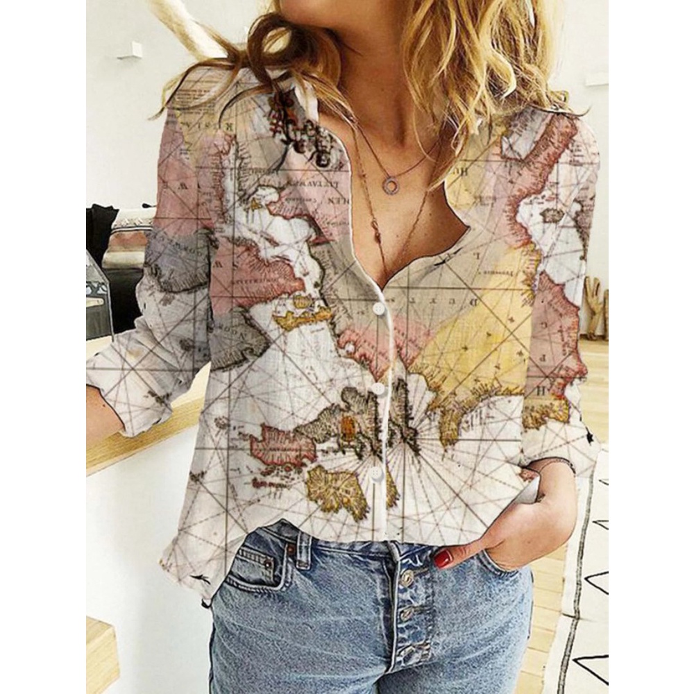 Camisa de manga comprida impressa em mapa feminino | Shopee Brasil