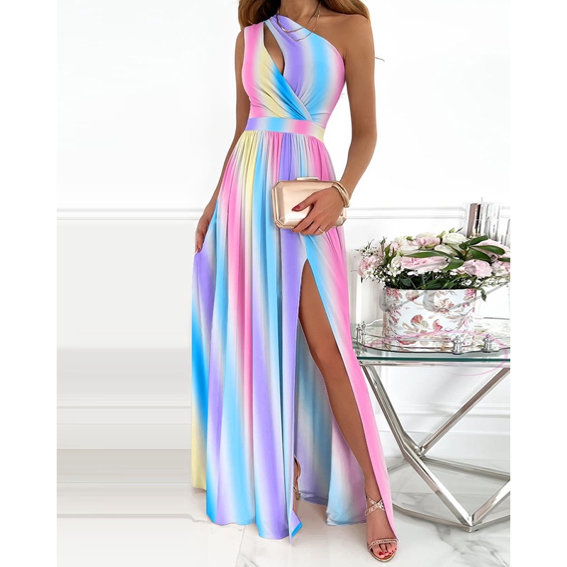 Vestido Feminino Longo Ombro Oblíqua Com Degradê De Alta Fenda