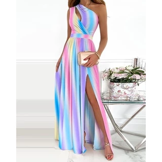 Vestido Feminino Longo Ombro Oblíqua Com Degradê De Alta Fenda