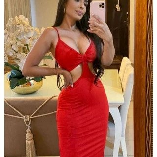 Vestido Midi de Alcinha Malha Canelada com bojo e fenda lateral