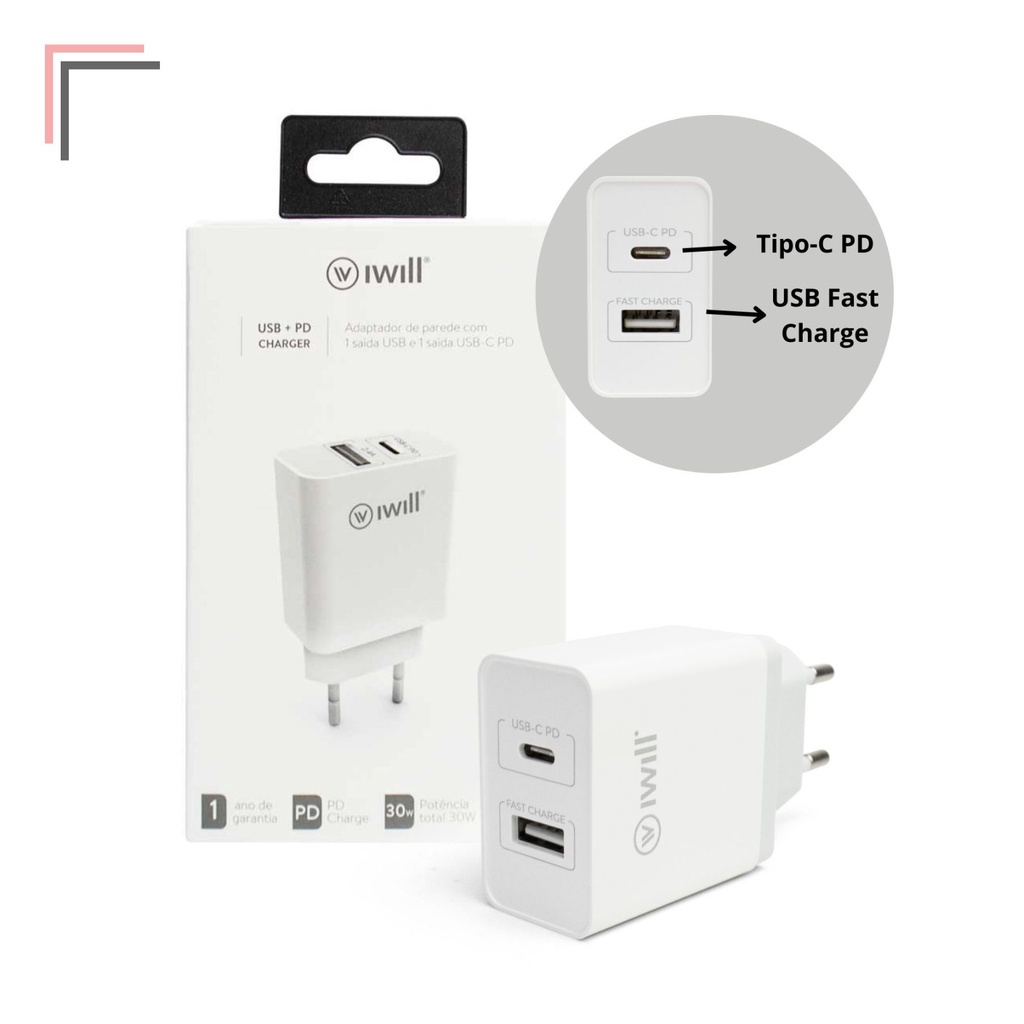 Carregador Tomada 30w Adaptador Plug Fonte Turbo 1 Porta Usb e Porta 1 ...