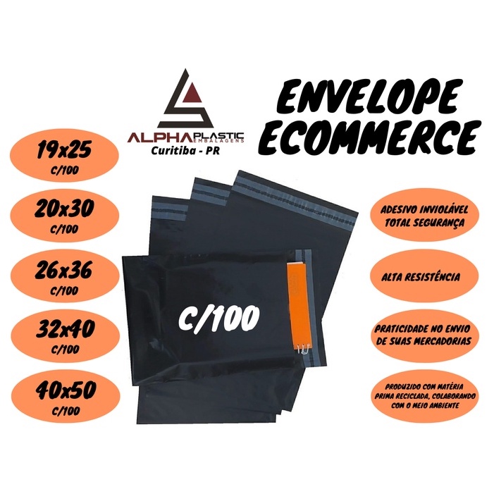 Kit 100 Envelope de Segurança Plástico Preto 19x25 / 20x30 / 32x40 / 40x50 Envelope Segurança, Envelope Ecommerce, Saco Ecommerce, Saco correio, Saco com lacre Inviolável