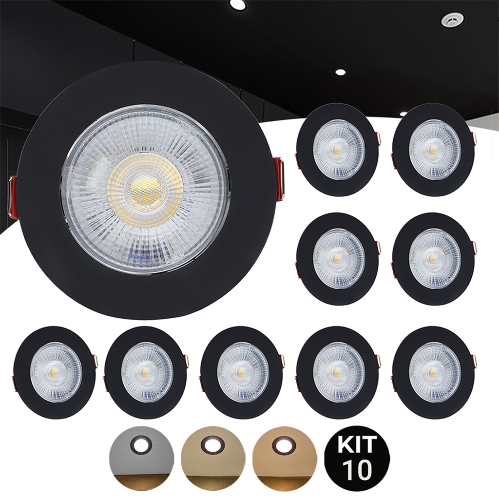 Kit 10 Spot Led Capa Preto 7w Direcionável Redondo Luz Forte