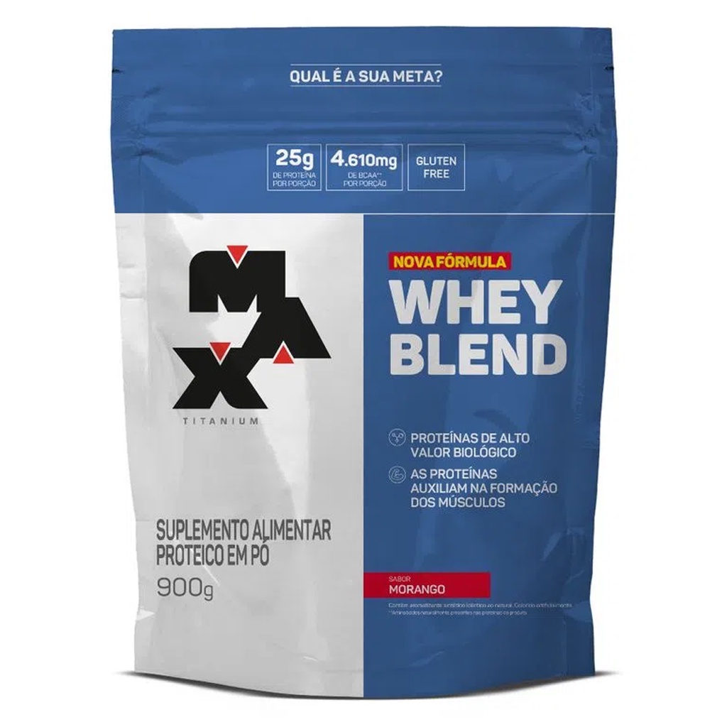 Whey Blend 900g Nova Fórmula 25g Proteina por Dose – Max Titanium Morango