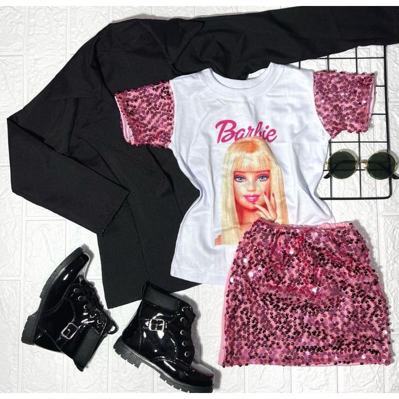 Conjunto Blusa e saia em Paete Barbie menina blogueirinha moda