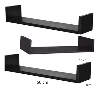 Kit 3 Prateleiras Decorativa Preta U 50x15x10