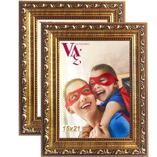 kit 2 Molduras porta retrato quadro 20x25 em relevo dourado trabalhada com vidro