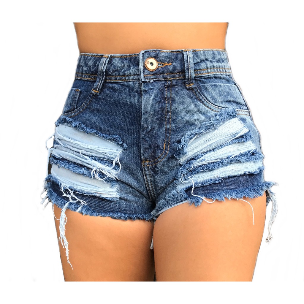 Short Jeans Curto Feminino Detonado Destroyed Cintura Alta Rasgado