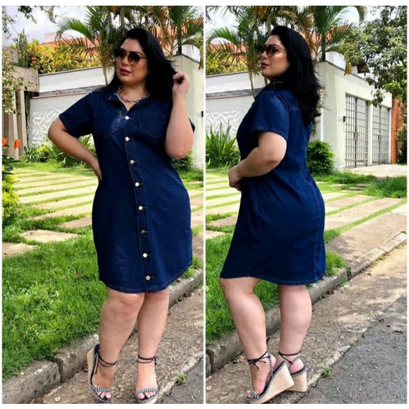 Vestido Jeans Plus Size feminino moda evangélica com elastano