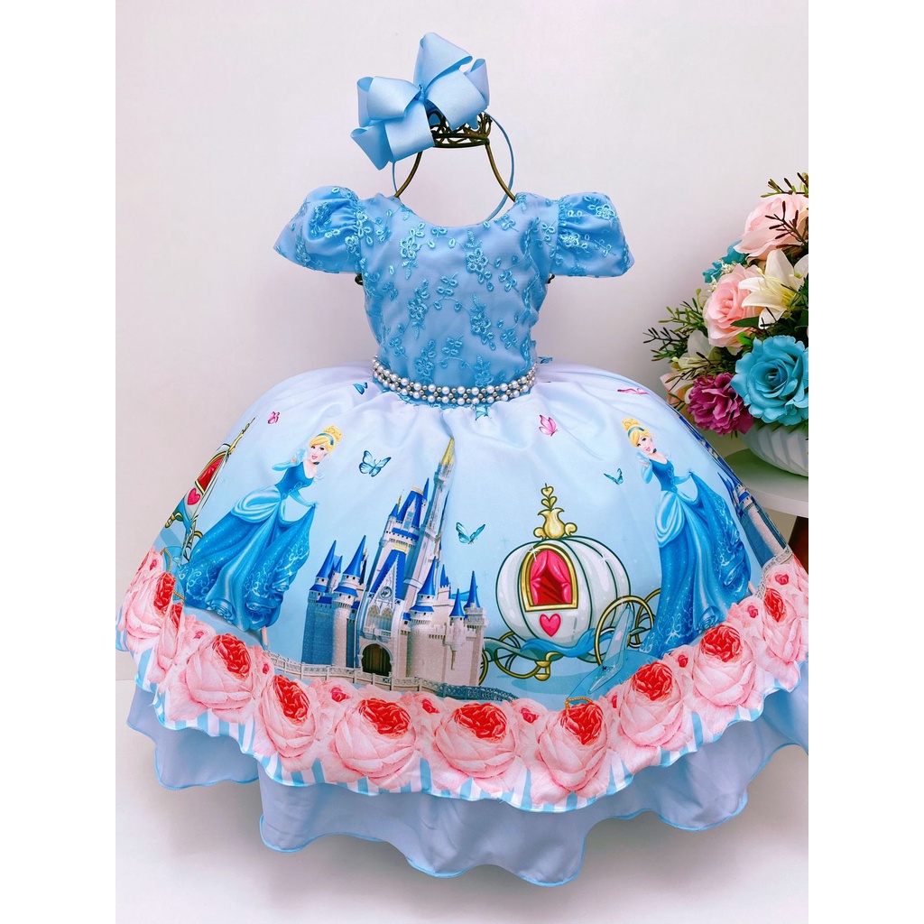 Vestido Infantil Princesa Cinderela Desenho Brilho