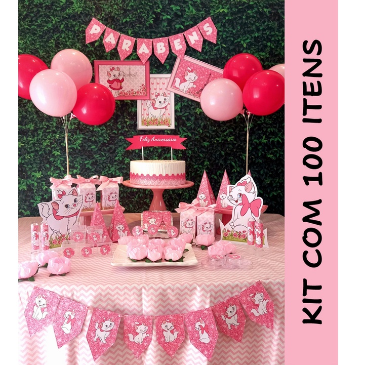 Gatinha Marie Kit decoração festa 100 itens