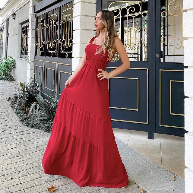 Vestido Longo Com Lastex Na Cintura Com Alcinha De Amarrar  ,rodadinho(promoção imperdível)