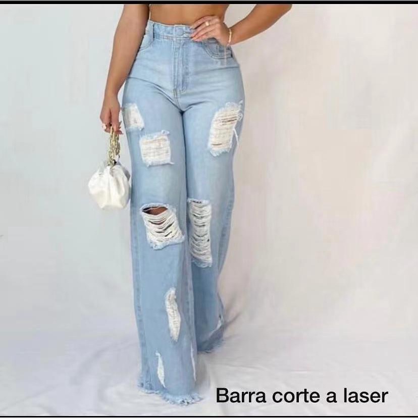 Calça Jeans Wide Leg Plus Size Pantalona Rasgada Escura em Promoção na  Americanas