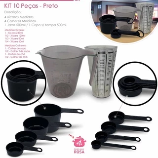 kit medidores 10 peças jarra de 500 ml copo de 500 ml xicara e colher na cor preta