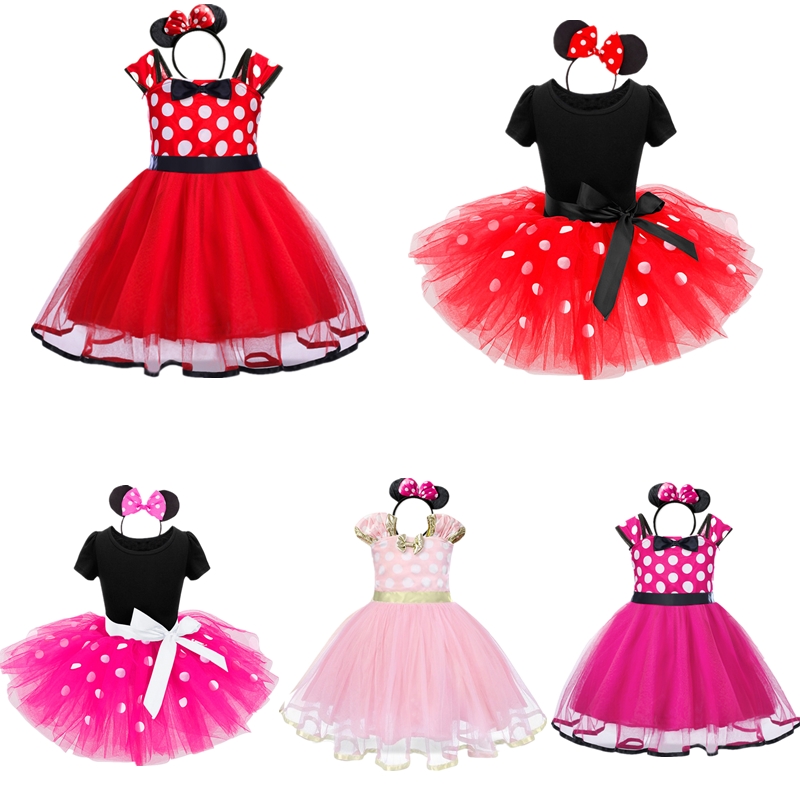 Girls Minnie Mouse Birthday Party Dress Polka Dot Princess Ball Gown With Headband