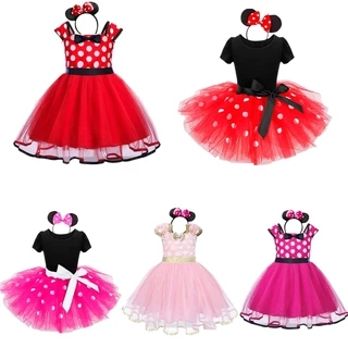 Girls Minnie Mouse Birthday Party Dress Polka Dot Princess Ball Gown With Headband