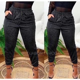 Calça Feminina Jogging Paetê Transparência (Preto)