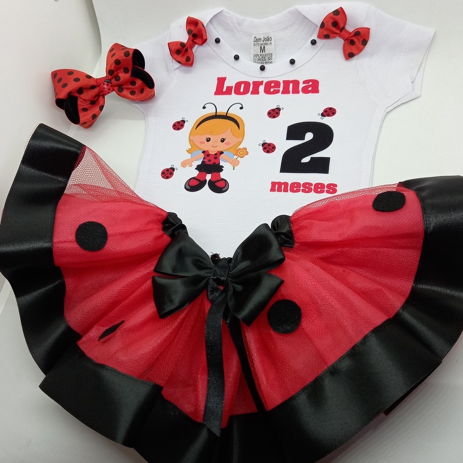 Body personalizacom para mesversario ou aniversario com saia tutu e laço  tema Joaninha Loirinha. | Shopee Brasil