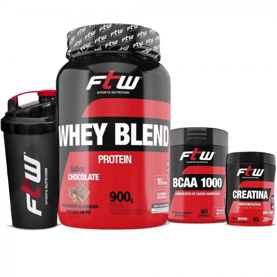 Kit whey protein blend 900g+bcaa 1000 60 caps+creatina 60g+coqueteleira chocolate ftw