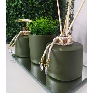 Kit Lavabo Picolo Verde Luxo 250ml Aromatizador Difusor + Porta Sabonete Líquido + Vaso