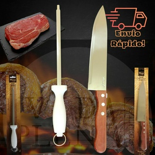 Kit Faca Churrasco inox 8 + Chaira Estriada Afiador Premium Dia dos pais