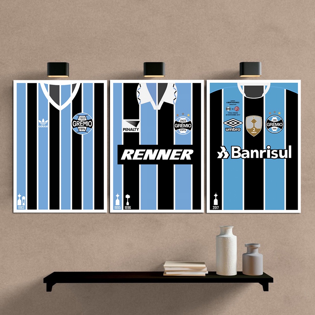 Grêmio, Imortal Tricolor, Libertadores 1983, 1995, 2017, Luis Suárez Grêmio, Kit 3 Quadros Decorativos 30x20cm Mdf.