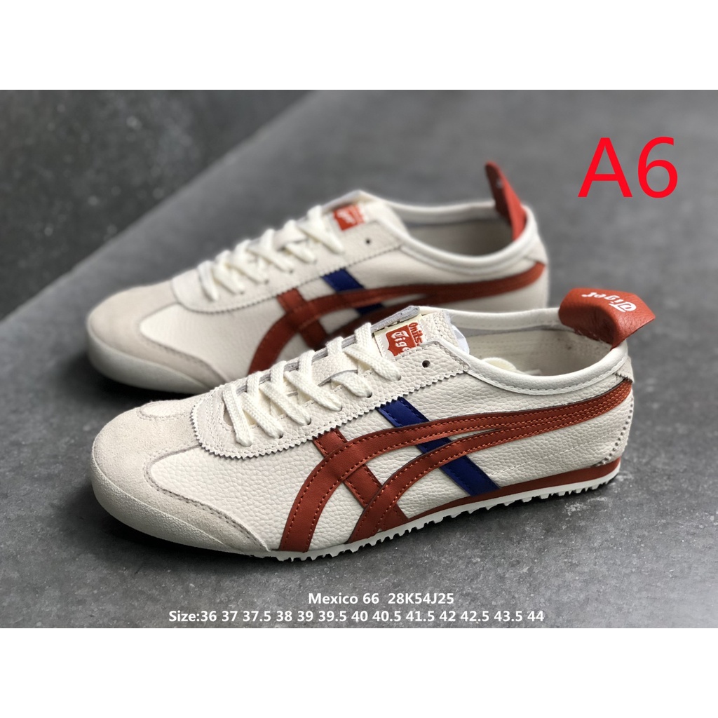 （Veja as descrições dos produtos）ASICS Onitsuka Tiger México 66 Novo Couro Original Para Homens E Mulheres Tênis Branco Vermelho Azul