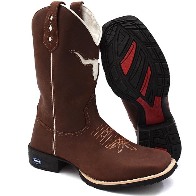 Bota Texana Masculina Em Couro Bico Quadrado Cano Longo