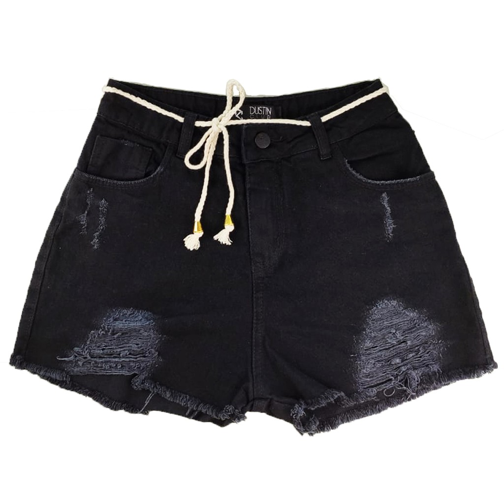 Short Jeans Feminino Rasgado Destroyed Cordão Cintura Alta Premium