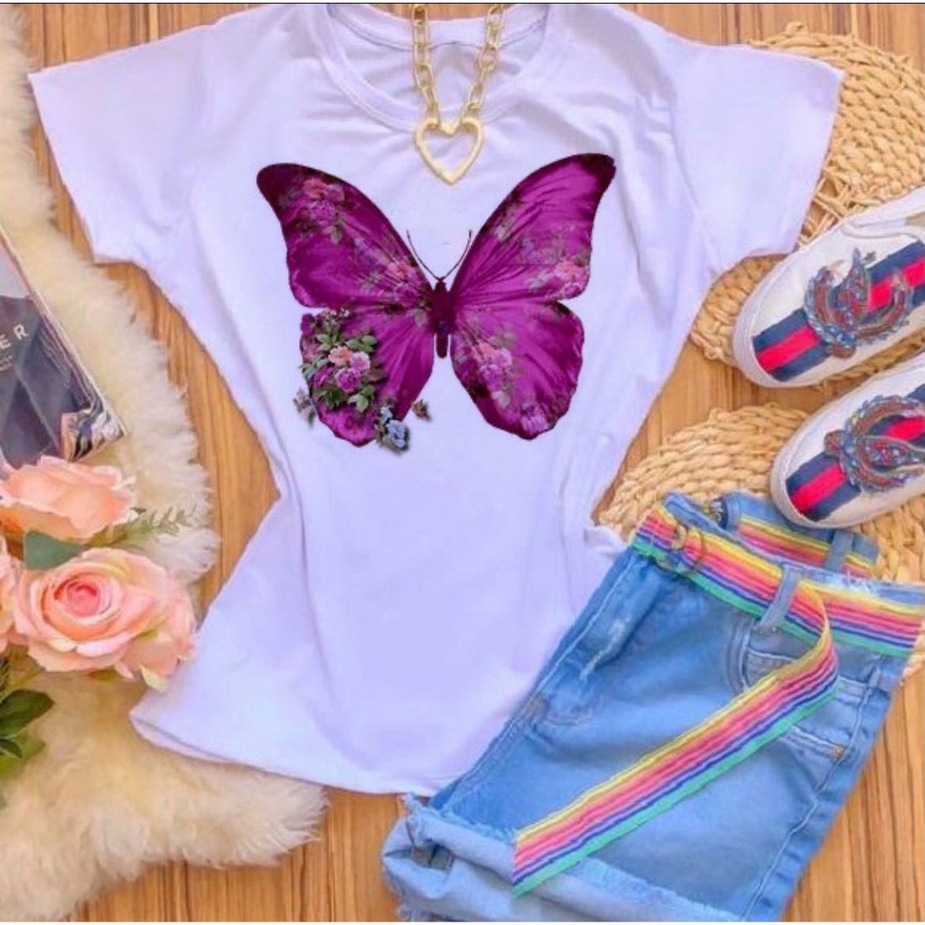 Camiseta T-shirt Feminina Blusa BORBOLETAS Shopee Brasil